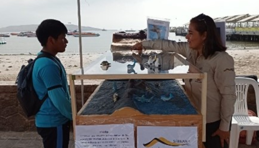 Fotografía de mujer explicando a joven frente a la costa