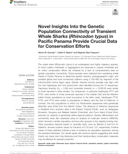 350. Novel Insights Into the Genetic Population Connectivity of Transient Whale Sharks (Rhincodon typus) in Pacific Panama Provide Crucial Data for Conservation Efforts.pdf