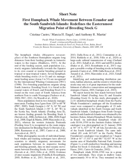 385. First humpback whale movement between Ecuador and the south Sandwich Islands, Redefines the easternmost migration point of breeding stock G.pdf