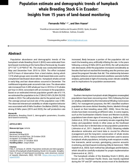 391. Population estimate and demographic trends of humpback whale breeding stock G in Ecuador.pdf