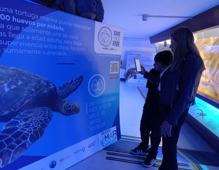 Una mujer y un niño leyendo un código QR en instalación de Save the Blue Five en el en el Museo del mar